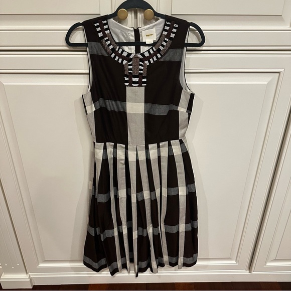 Anthropologie Maeve Women’s Brown Beaded Pleat Plaid Fit Flare Knee Length Dress - Picture 5 of 14